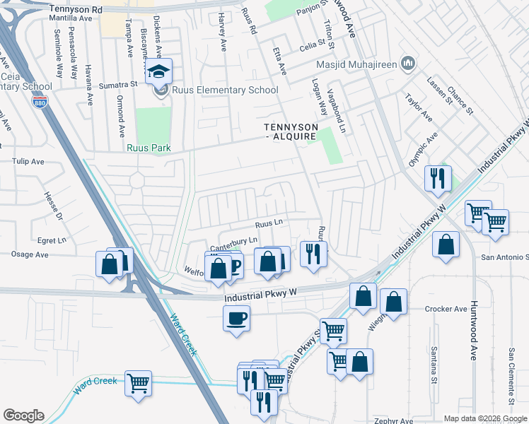 map of restaurants, bars, coffee shops, grocery stores, and more near 29065 Rochester Court in Hayward