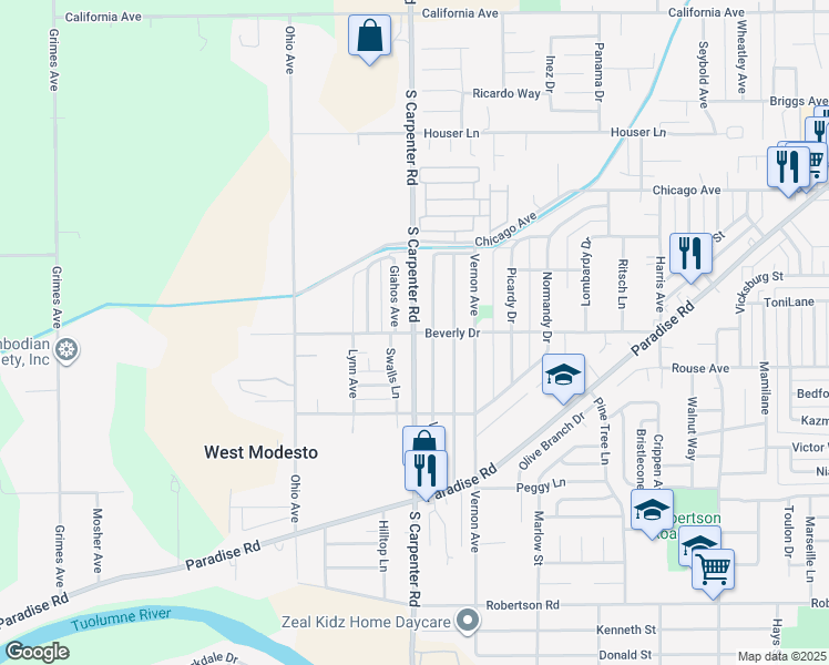 map of restaurants, bars, coffee shops, grocery stores, and more near S Carpenter Rd & Beverly Dr in West Modesto