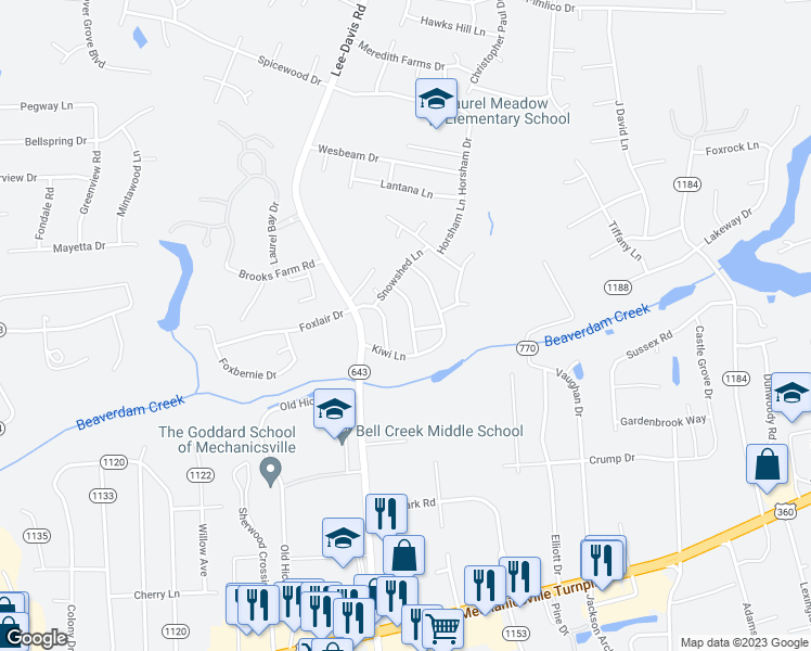 map of restaurants, bars, coffee shops, grocery stores, and more near 8089 Goodfellow Lane in Mechanicsville