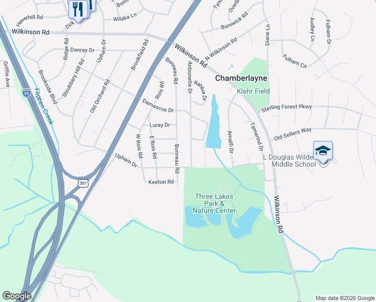 map of restaurants, bars, coffee shops, grocery stores, and more near 7608 Antionette Drive in Richmond