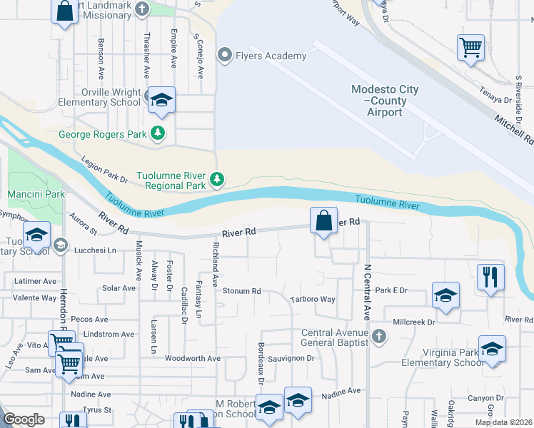 map of restaurants, bars, coffee shops, grocery stores, and more near 1825 River Road in Modesto