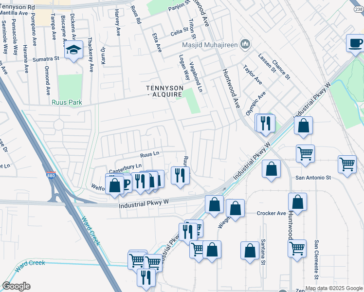 map of restaurants, bars, coffee shops, grocery stores, and more near 29342 Ruus Road in Hayward