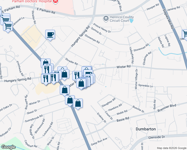 map of restaurants, bars, coffee shops, grocery stores, and more near 4702 Wistar Road in Richmond