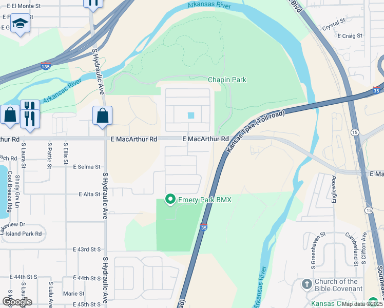 map of restaurants, bars, coffee shops, grocery stores, and more near 1655 South Topeka Street in Wichita