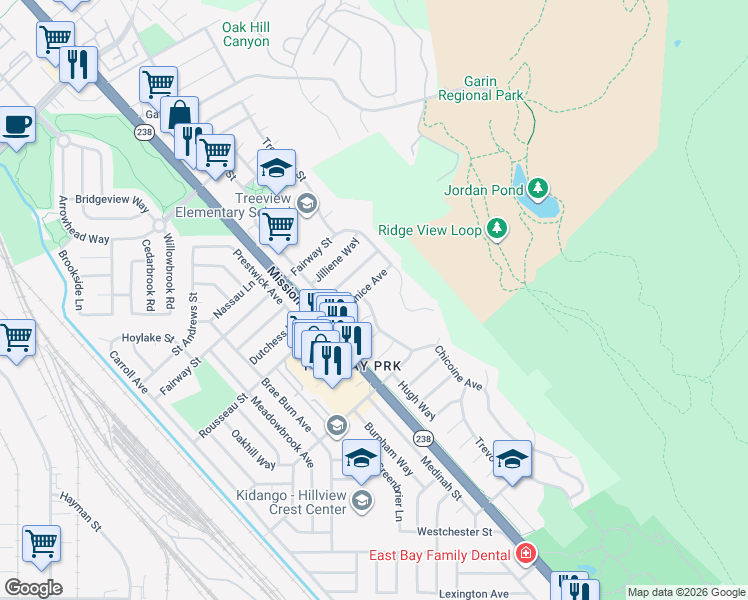 map of restaurants, bars, coffee shops, grocery stores, and more near 31050 Chicoine Avenue in Hayward