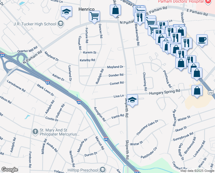 map of restaurants, bars, coffee shops, grocery stores, and more near 7521 Comet Rd in Henrico