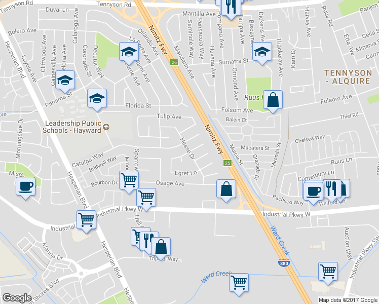 map of restaurants, bars, coffee shops, grocery stores, and more near 1800 Dove Way in Hayward