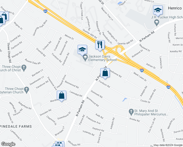map of restaurants, bars, coffee shops, grocery stores, and more near 8648 Nesslewood Road in Henrico