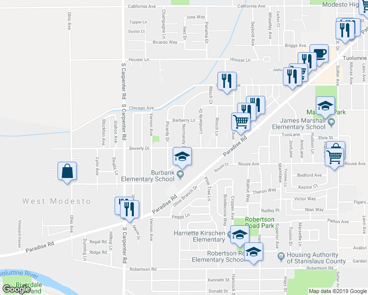 map of restaurants, bars, coffee shops, grocery stores, and more near Beverly Drive & Normandy Drive in Modesto
