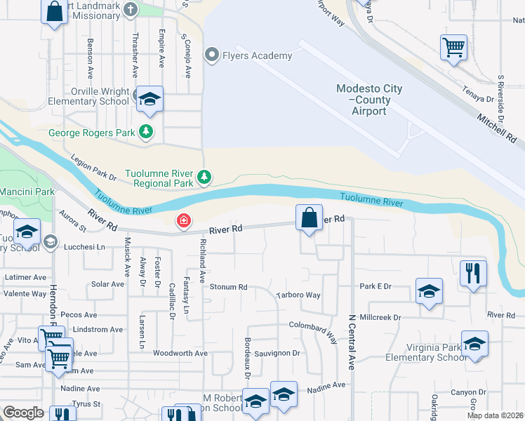 map of restaurants, bars, coffee shops, grocery stores, and more near 1825 River Road in Modesto