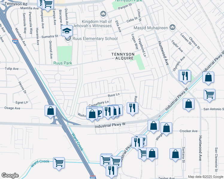 map of restaurants, bars, coffee shops, grocery stores, and more near 29065 Rochester Court in Hayward