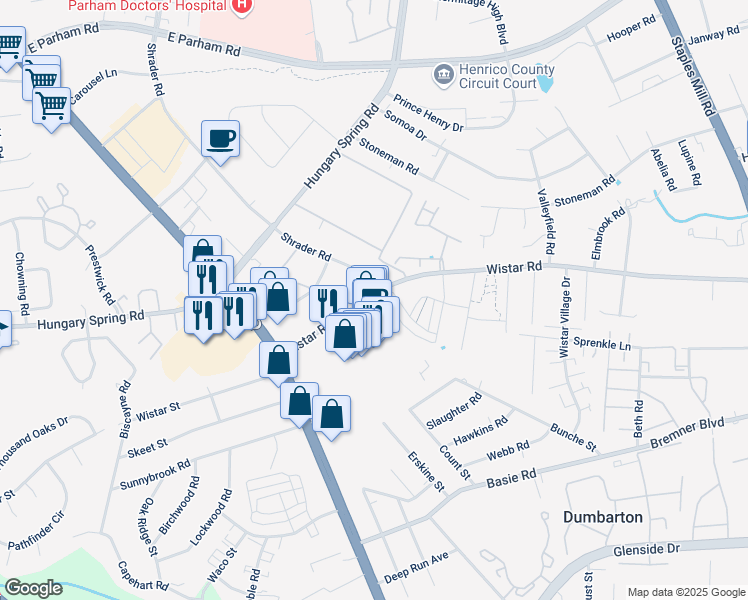 map of restaurants, bars, coffee shops, grocery stores, and more near 4613 Wistar Creek Drive in Henrico
