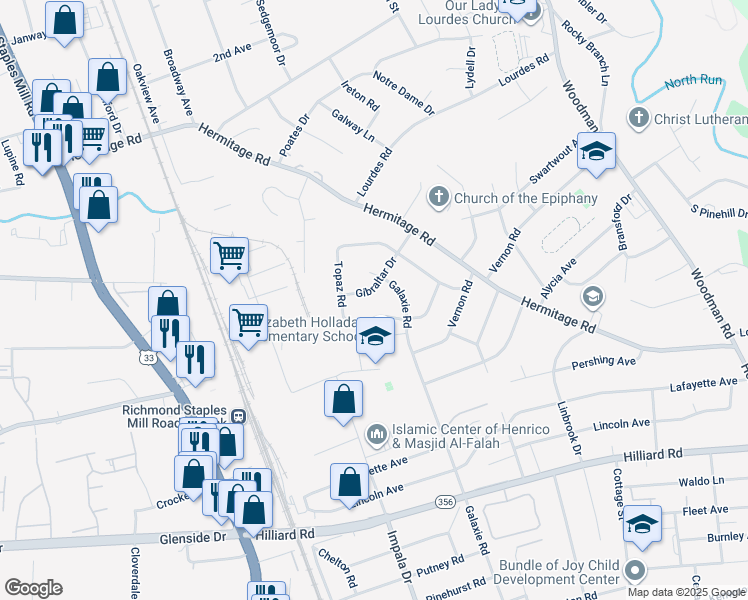 map of restaurants, bars, coffee shops, grocery stores, and more near 7109 Gibraltar Drive in Richmond