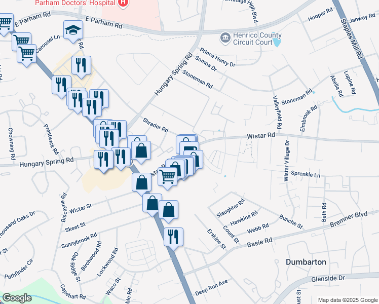 map of restaurants, bars, coffee shops, grocery stores, and more near 4613 Wistar Creek Drive in Henrico