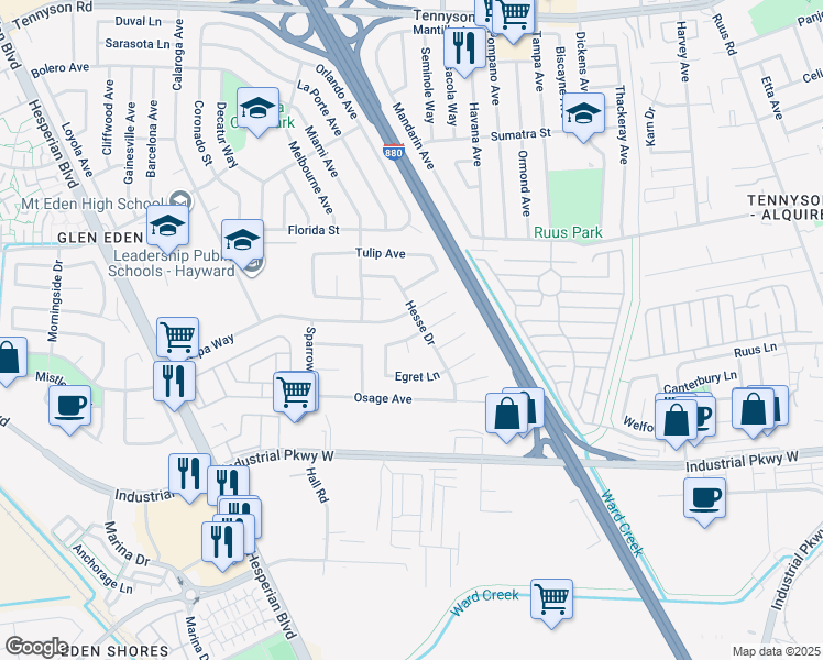 map of restaurants, bars, coffee shops, grocery stores, and more near 1819 Dove Way in Hayward