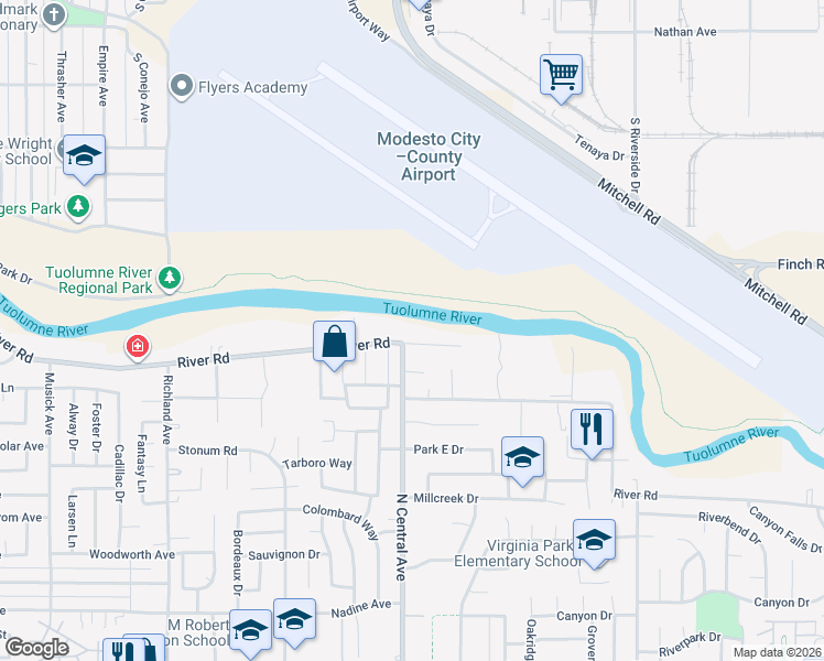 map of restaurants, bars, coffee shops, grocery stores, and more near 2105 Live Oak Court in Modesto