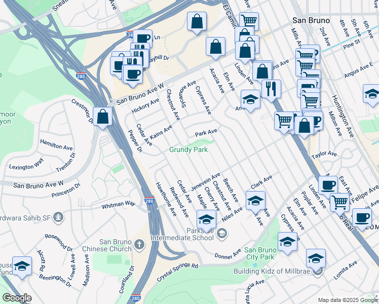map of restaurants, bars, coffee shops, grocery stores, and more near 572 Cherry Avenue in San Bruno