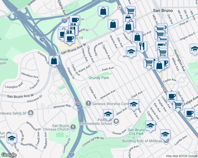 map of restaurants, bars, coffee shops, grocery stores, and more near 572 Cherry Avenue in San Bruno