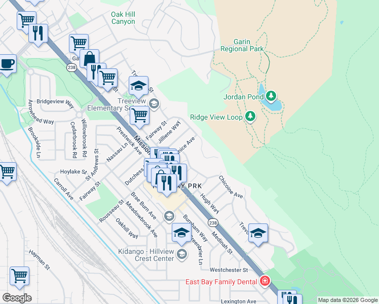 map of restaurants, bars, coffee shops, grocery stores, and more near 31050 Chicoine Avenue in Hayward