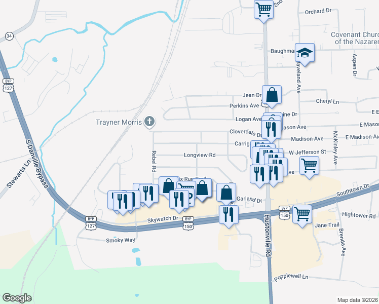 map of restaurants, bars, coffee shops, grocery stores, and more near 609 Longview Road in Danville