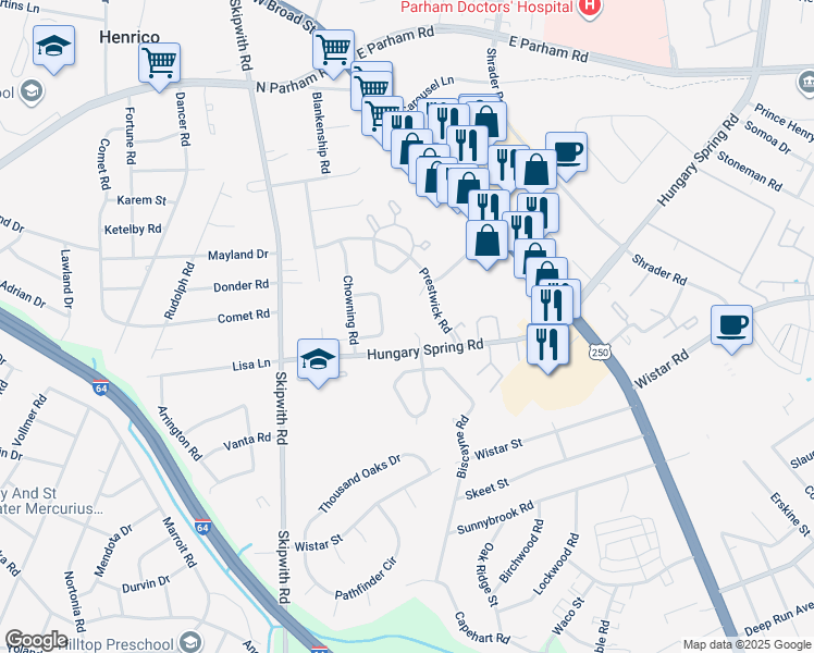 map of restaurants, bars, coffee shops, grocery stores, and more near 7904 Hungary Spring Court in Richmond