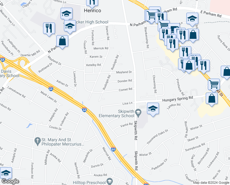 map of restaurants, bars, coffee shops, grocery stores, and more near 7521 Comet Rd in Henrico