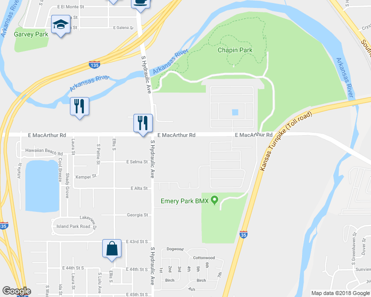 map of restaurants, bars, coffee shops, grocery stores, and more near 1823 East Macarthur Road in Wichita