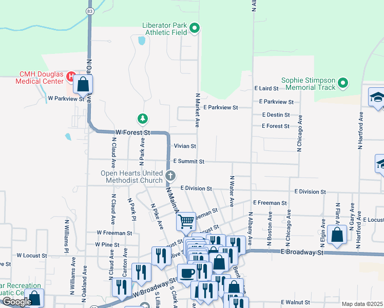 map of restaurants, bars, coffee shops, grocery stores, and more near 223 East Summit Street in Bolivar