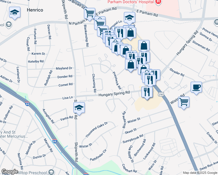 map of restaurants, bars, coffee shops, grocery stores, and more near 7904 Hungary Spring Court in Richmond