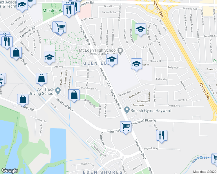 map of restaurants, bars, coffee shops, grocery stores, and more near 2349 Cabrillo Drive in Hayward