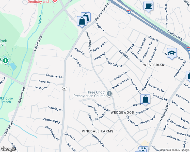 map of restaurants, bars, coffee shops, grocery stores, and more near 9595 Three Chopt Road in Richmond