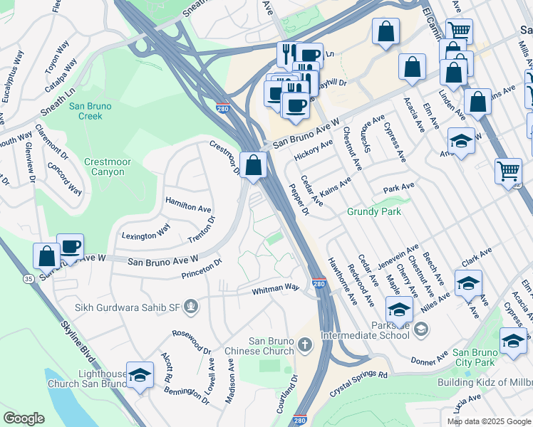map of restaurants, bars, coffee shops, grocery stores, and more near 1102 Shelter Creek Lane in San Bruno