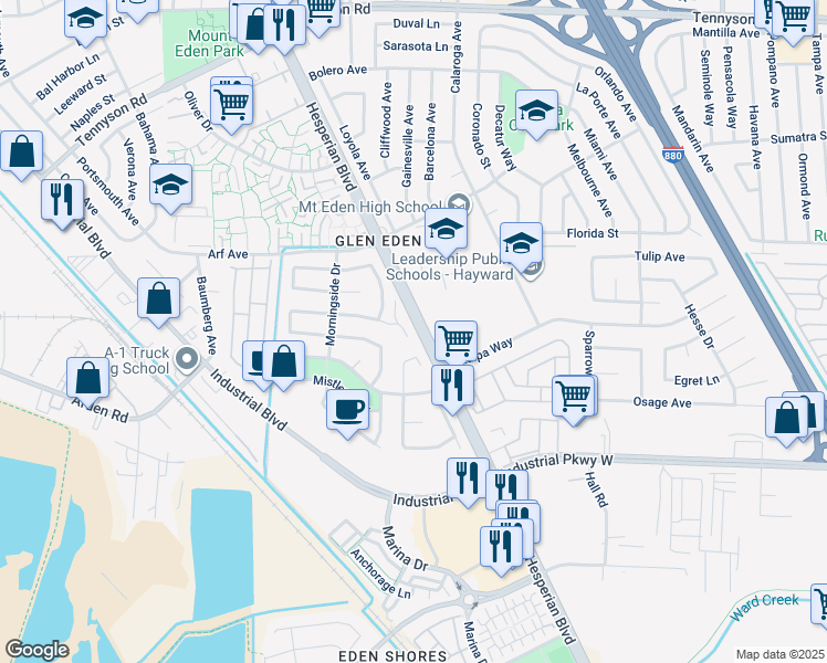 map of restaurants, bars, coffee shops, grocery stores, and more near 2363 Cabrillo Drive in Hayward