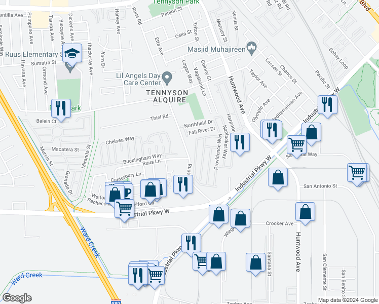 map of restaurants, bars, coffee shops, grocery stores, and more near 29342 Ruus Road in Hayward