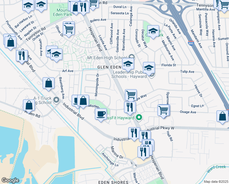 map of restaurants, bars, coffee shops, grocery stores, and more near 2380 Cabrillo Drive in Hayward