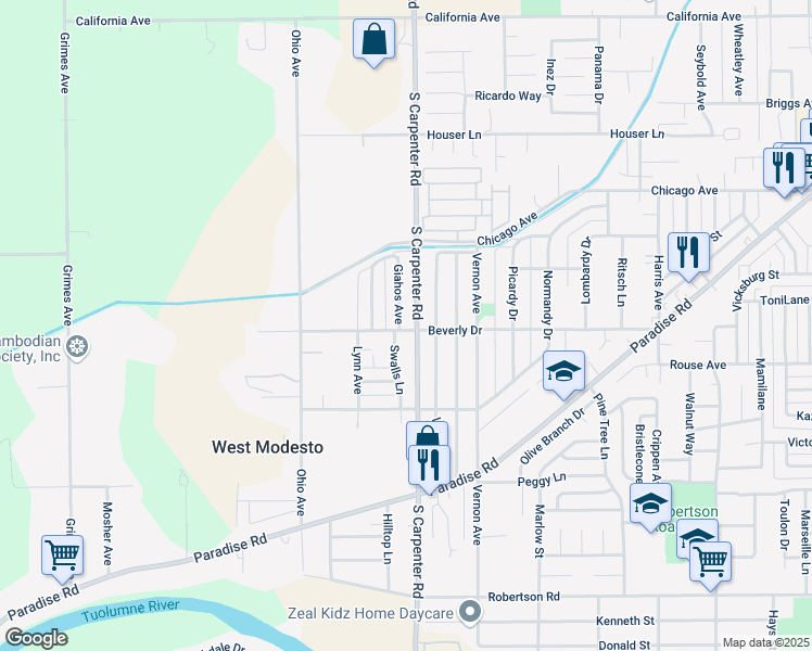 map of restaurants, bars, coffee shops, grocery stores, and more near 1420 Giahos Avenue in Modesto