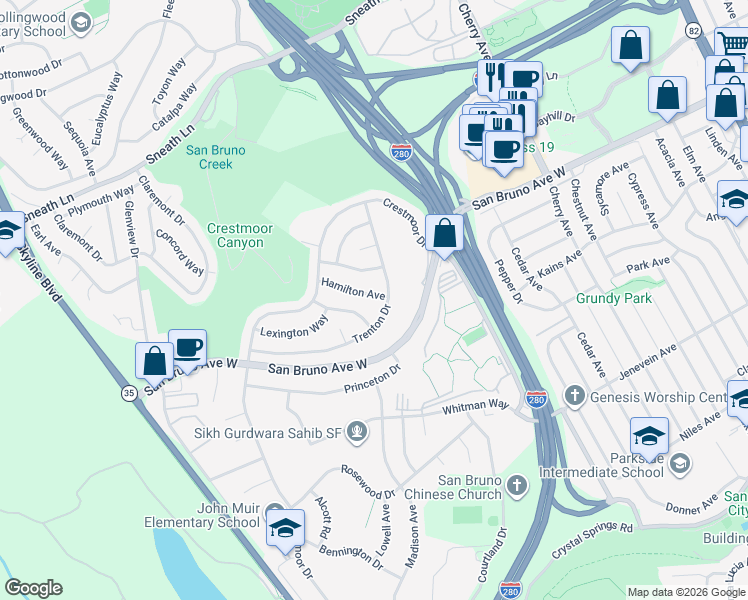 map of restaurants, bars, coffee shops, grocery stores, and more near 2410 Trenton Drive in San Bruno