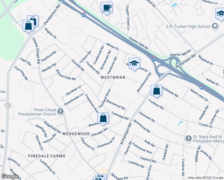 map of restaurants, bars, coffee shops, grocery stores, and more near 2201 Haviland Drive in Henrico