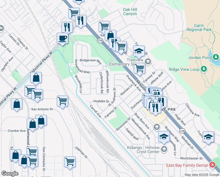 map of restaurants, bars, coffee shops, grocery stores, and more near 30278 Willowbrook Road in Hayward