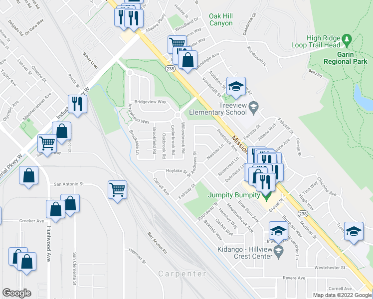 map of restaurants, bars, coffee shops, grocery stores, and more near 30278 Willowbrook Road in Hayward