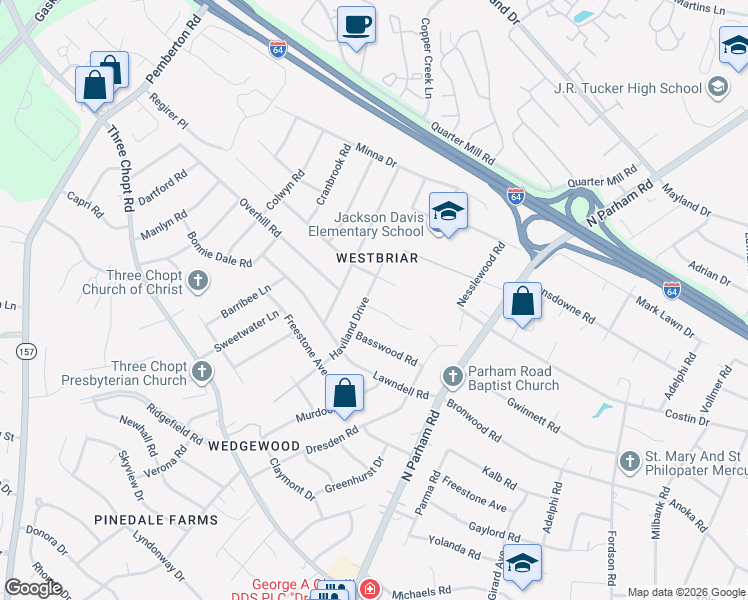 map of restaurants, bars, coffee shops, grocery stores, and more near 2201 Haviland Drive in Richmond