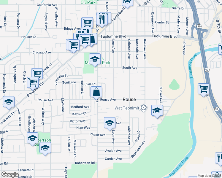map of restaurants, bars, coffee shops, grocery stores, and more near 614b Leon Avenue in Modesto