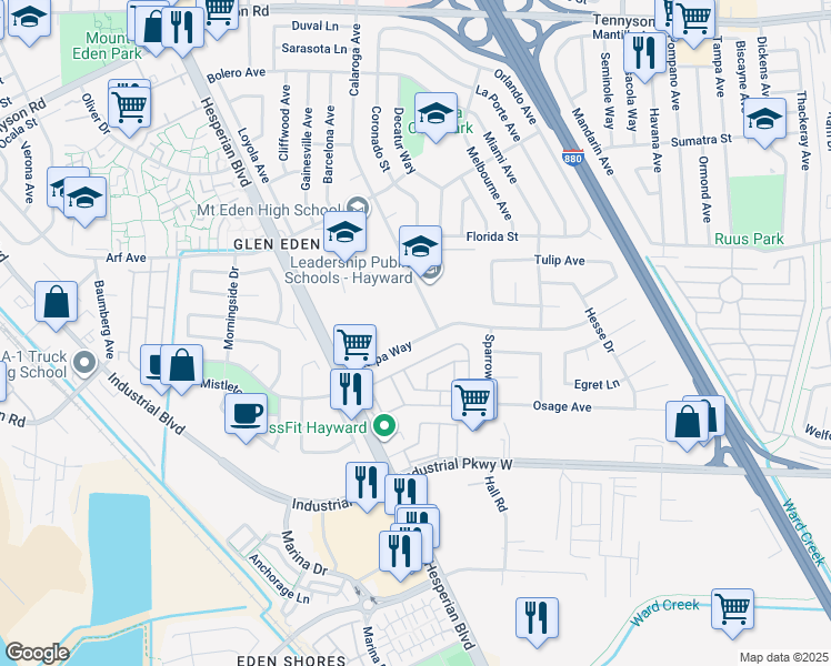 map of restaurants, bars, coffee shops, grocery stores, and more near 2255 Catalpa Way in Hayward