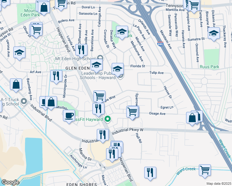 map of restaurants, bars, coffee shops, grocery stores, and more near 2255 Catalpa Way in Hayward