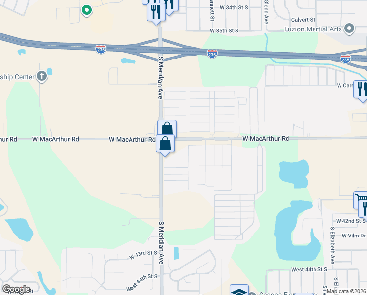 map of restaurants, bars, coffee shops, grocery stores, and more near 2189-2341 West Macarthur Road in Wichita