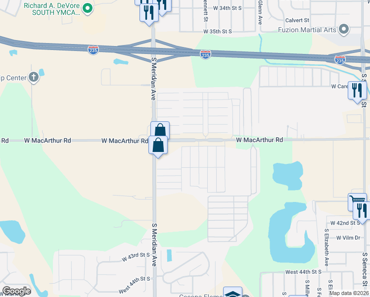 map of restaurants, bars, coffee shops, grocery stores, and more near 2189 West Macarthur Road in Wichita