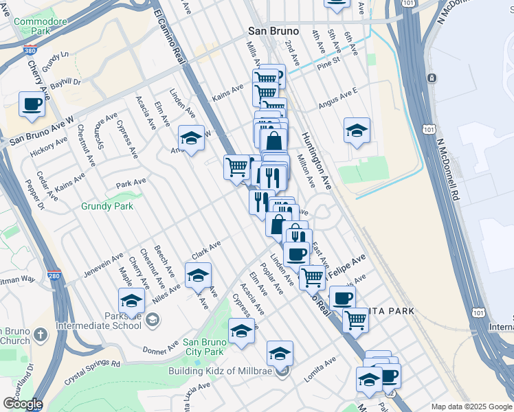 map of restaurants, bars, coffee shops, grocery stores, and more near 421 El Camino Real in San Bruno