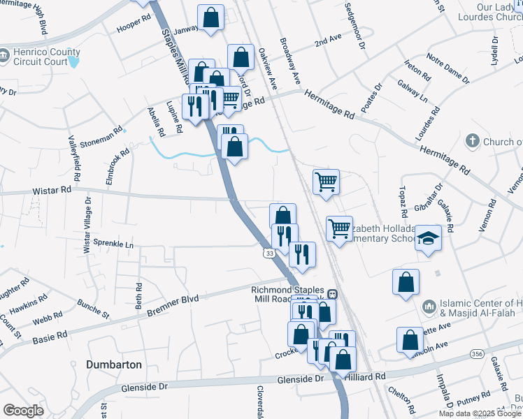 map of restaurants, bars, coffee shops, grocery stores, and more near 7912 Selkirk Lane in Henrico