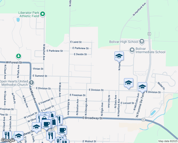 map of restaurants, bars, coffee shops, grocery stores, and more near 920 North Chicago Avenue in Bolivar