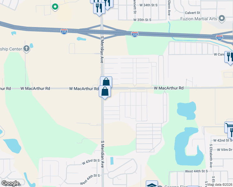 map of restaurants, bars, coffee shops, grocery stores, and more near 2189-2341 West Macarthur Road in Wichita